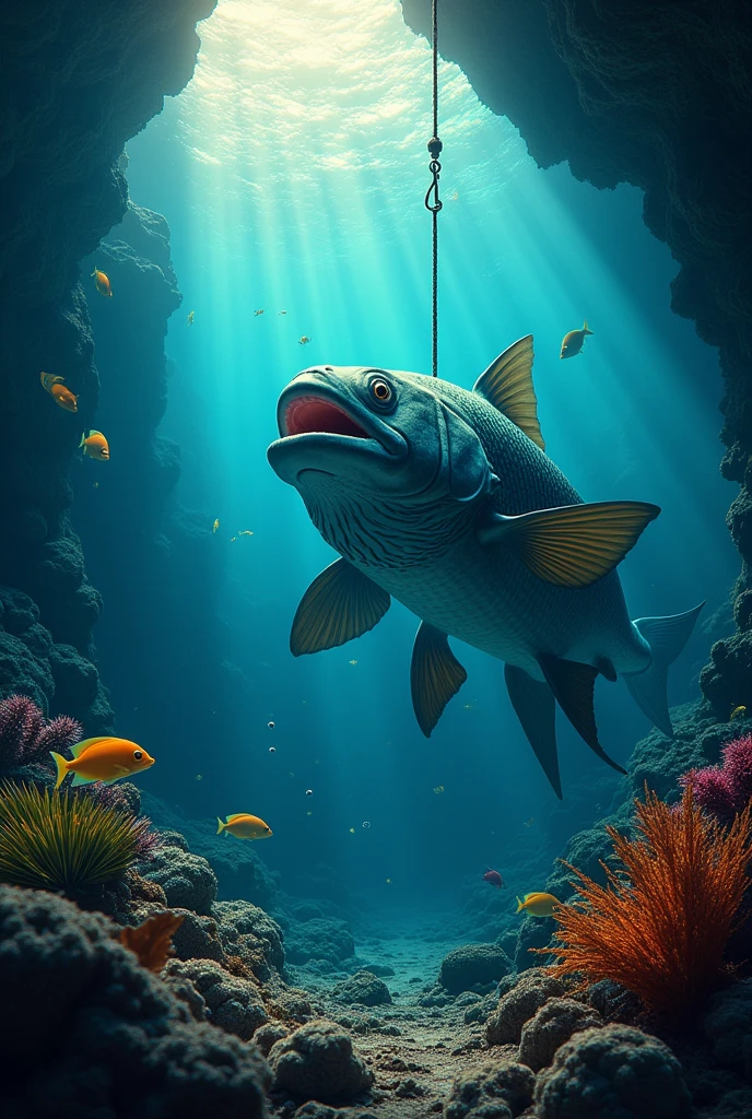 Create a cinematic poster featuring (big fish underwater),(best quality,ultra-detailed,realistic),the fish is looking at fishing hook:1.5 ,At the bottom of the poster, place the text "It's obvious" in large bold distressed letters, underwater photography,clear blue water,lush underwater plants,colorful coral reefs,tropical fish swimming gracefully,big zander fish lurking in the shadows,sparkling sunlight piercing through the water surface,scattered bubbles adding a sense of movement,dimly lit underwater cave in the background,vibrant colors illuminating the scene,faint rays of light enhancing the mystery and beauty of the underwater world,