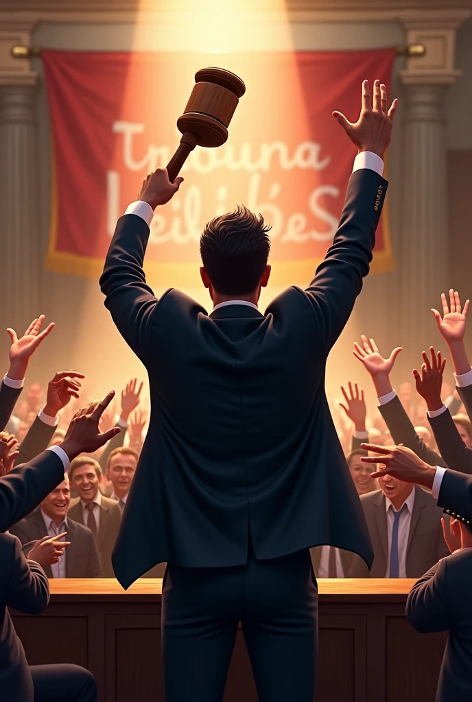 An auctioneer in a suit and tie, standing backwards, with a judge's gavel held high, with a crowd with their hands raised, and a banner saying Tribuna Leiloes