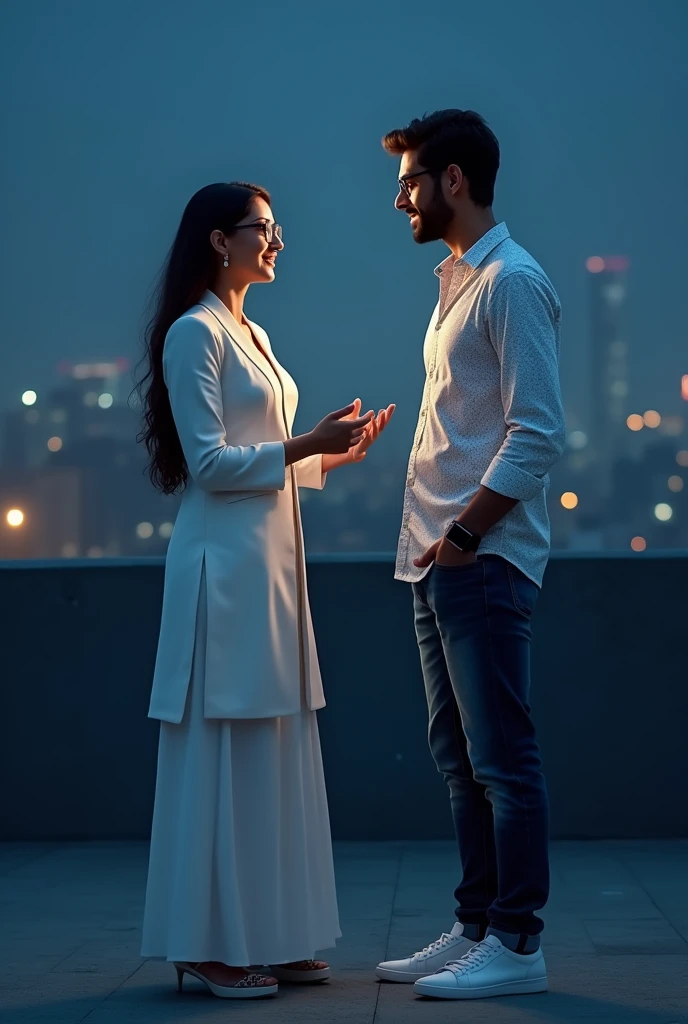 A woman and a men are talking on the rooftop at night, the women is wearing a white Indian traditional suit and glasses, the men is wearing a white printed shirt, jeans and white shoes. And smart watch.