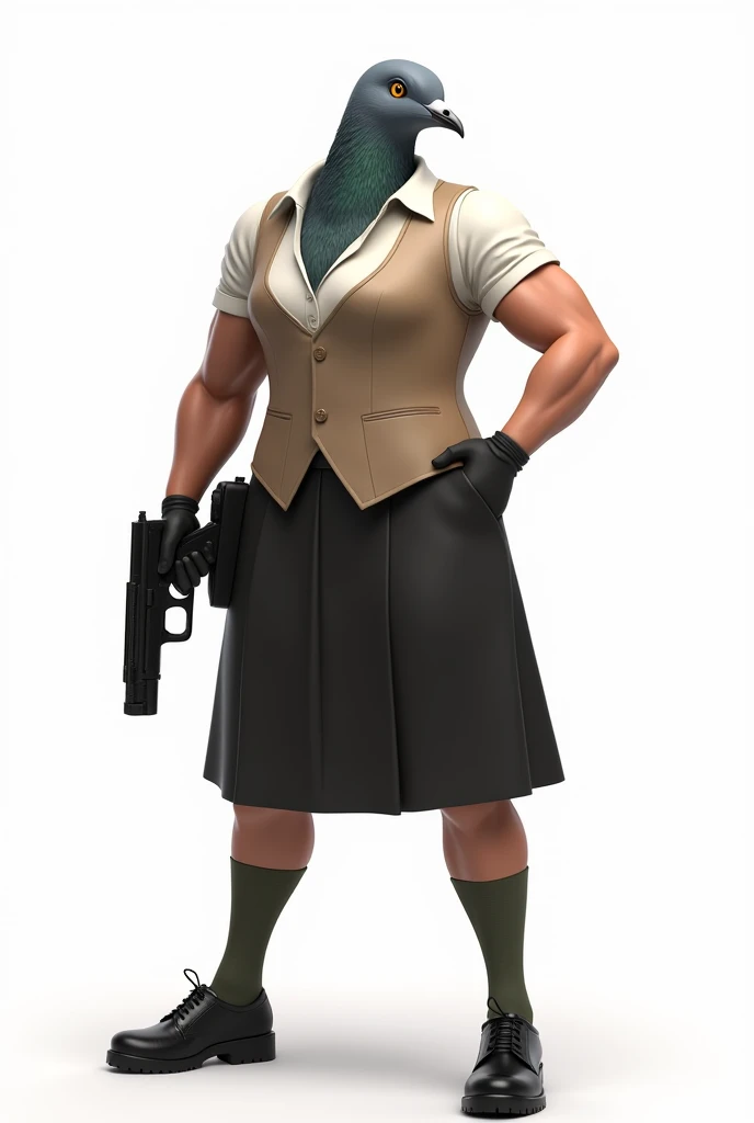 A gray female pigeon wearing an off-white collared short-sleeved shirt, a light brown vest, a knee-length black skirt, dark green socks and black shoes.、A gray female pigeon with a gun and muscular build like a bodybuilder、Background is white
