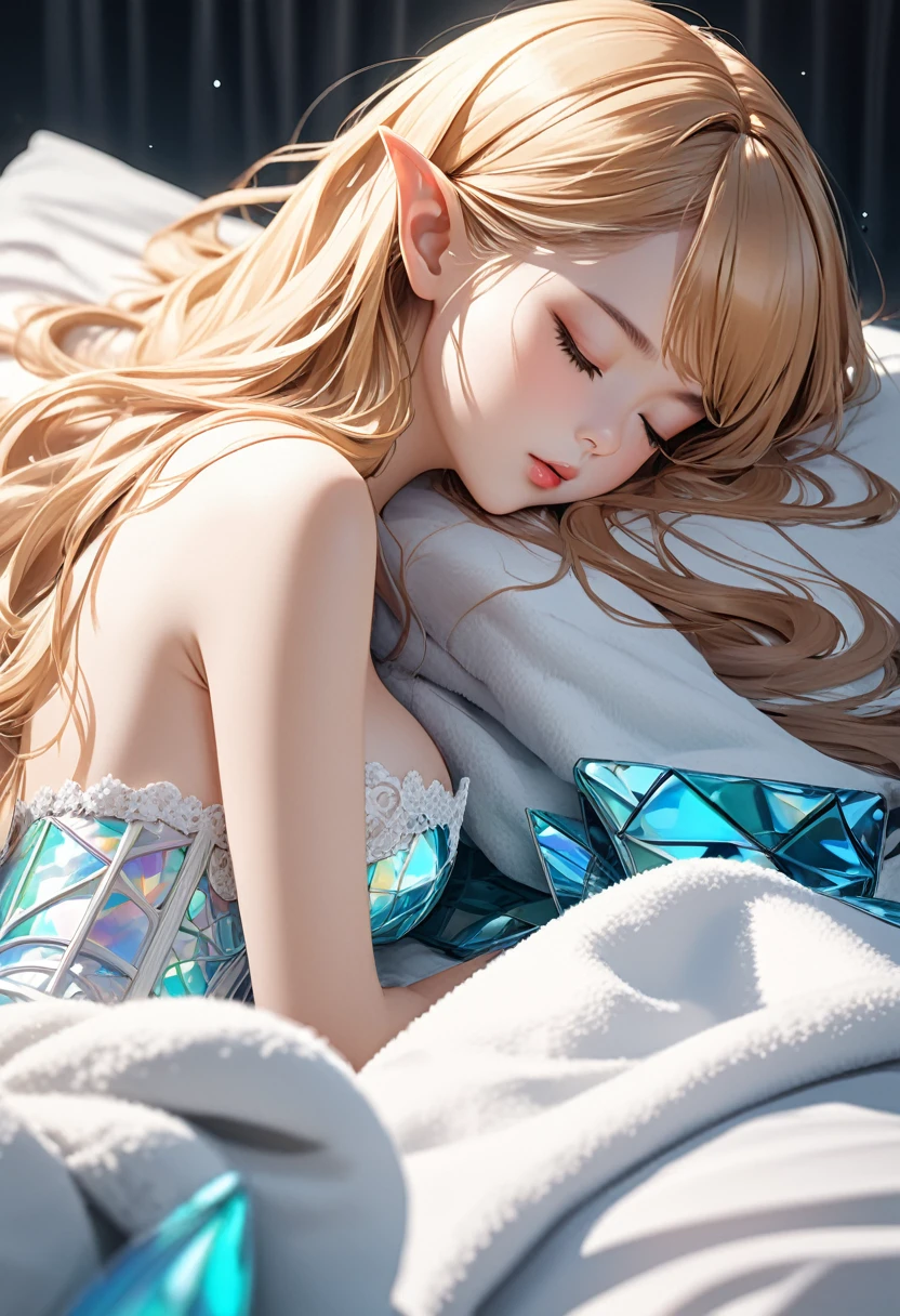 sleeping elf beauty, blonde silky straight hair with blunt bang, (attractive and seductive) and (amorous and lewd) expression, pink cheeks, glamorous proportions, wearing white lace corset, white panties, white clean towel blanket, pillow, and a bed with sheets, background iridescent Tiffany Blue, conceptual installation art, (ultra detailed, absolutely resolution, best quality:1.3), 2.5D, delicate and dynamic effects, shading effects, contrast effects, artistic, hyper, graphic CG digital art