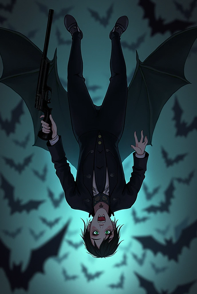 vampyre, using suit, fully body, anime drawing style, shooting with a musket, Upside down, with bats around, nicely designed face, anime vampire face, walling with the musket