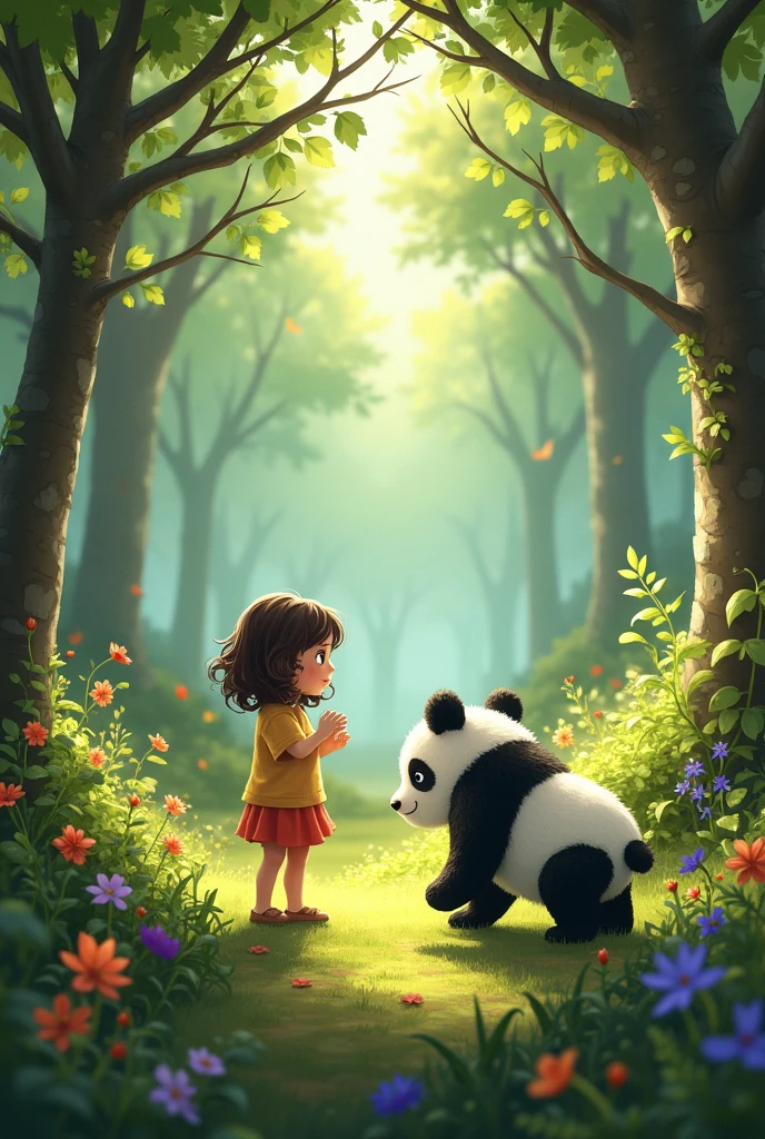 Sarah is very impressed with the forest environment. She sees the trees, smells the flowers, and hears the birds chirping. Suddenly, he catches sight of Poopoo Panda.