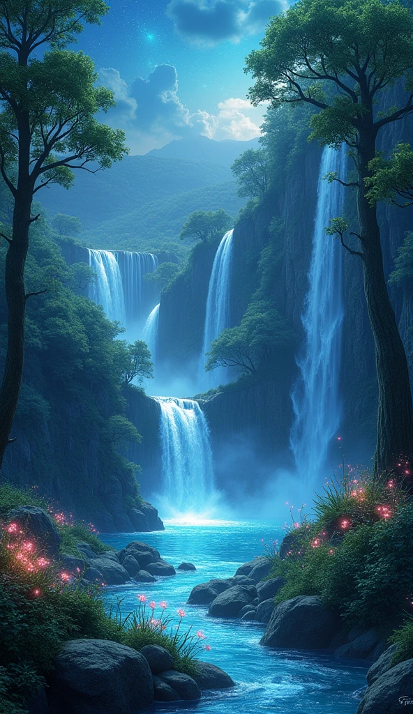 Imagine a mystical forest where crystal clear waterfalls gently cascade down silvery cliffs, illuminating the surroundings with a soft, magical glow. The trees, bright green, are adorned with luminescent flowers that sparkle under a deep blue sky, dotted with stars in broad daylight. The sound of flowing water mixes with the song of fantastic birds, creating a natural symphony of calm and serenity.