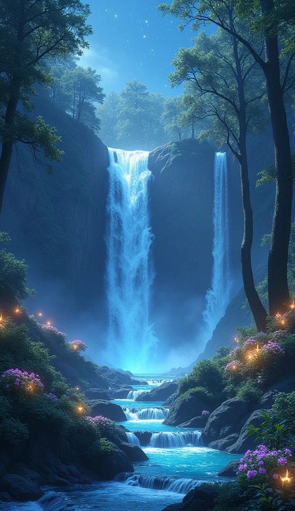 Imagine a mystical forest where crystal clear waterfalls gently cascade down silvery cliffs, illuminating the surroundings with a soft, magical glow. The trees, bright green, are adorned with luminescent flowers that sparkle under a deep blue sky, dotted with stars in broad daylight. The sound of flowing water mixes with the song of fantastic birds, creating a natural symphony of calm and serenity.
