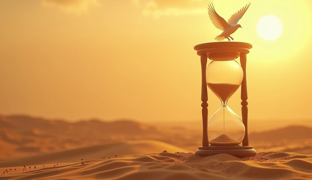 Imagine an hourglass with slowly flowing sand, in the middle of the desert symbolizing the end of times. and adds a flying white dove, warm lights