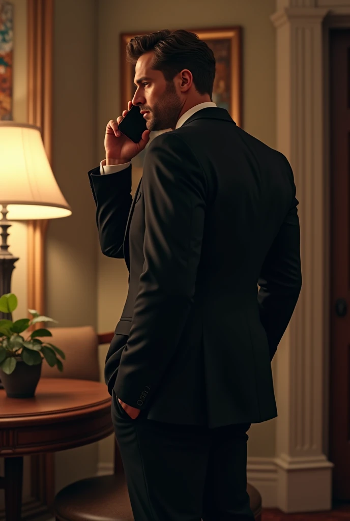Muscular man whit short Wavy brown hair in a black suit standing in the corner of a Living room with his back to the camera and talking on the phone