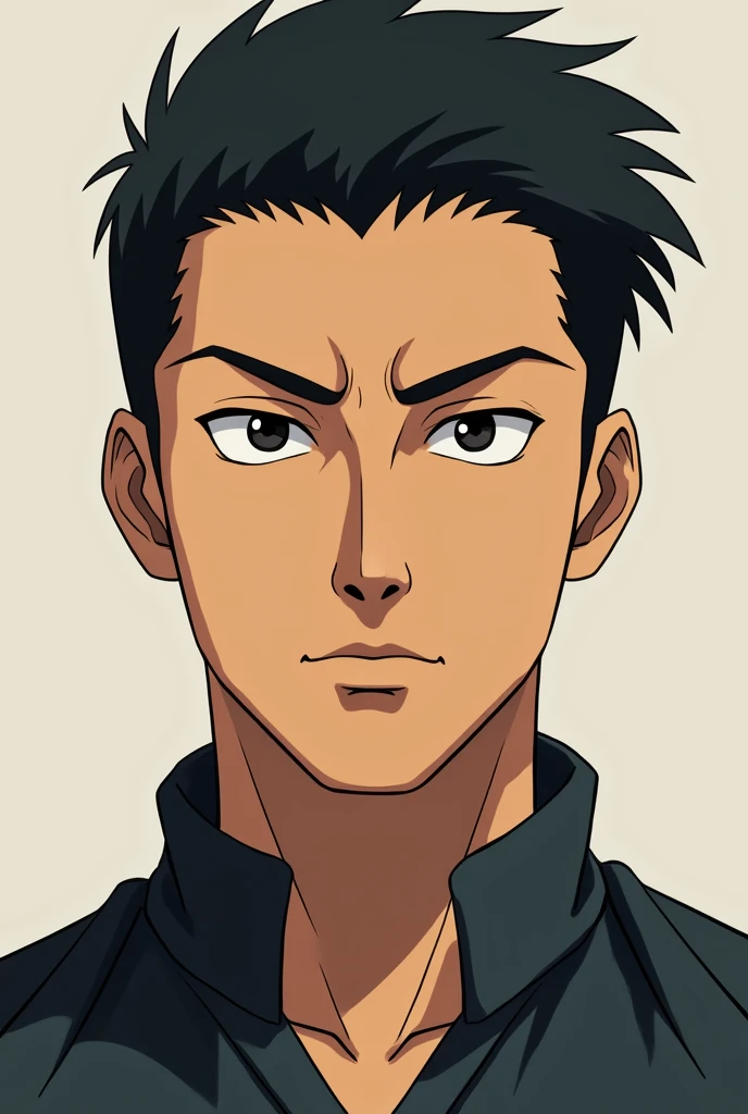 Face Description:

Skin Tone: Warm, medium-brown skin tone 
Hair: Short, black hair with a slight wave, neatly styled and parted to one side.
Eyebrows: Thick, well-defined eyebrows with a slight arch, dark and prominent.
Eyes: Dark, almond-shaped eyes with a focused, intense gaze.
Nose: Straight nose with a medium width.
Lips: Full, well-shaped lips with a defined Cupid's bow.
Facial Hair: Well-groomed  mustache, closely trimmed upper lip.
Jawline: Strong, angular jawline with a pronounced chin.
Expression: Neutral to slightly serious, with a confident and composed demeanor.
Make it anime from jujutsu kaisen