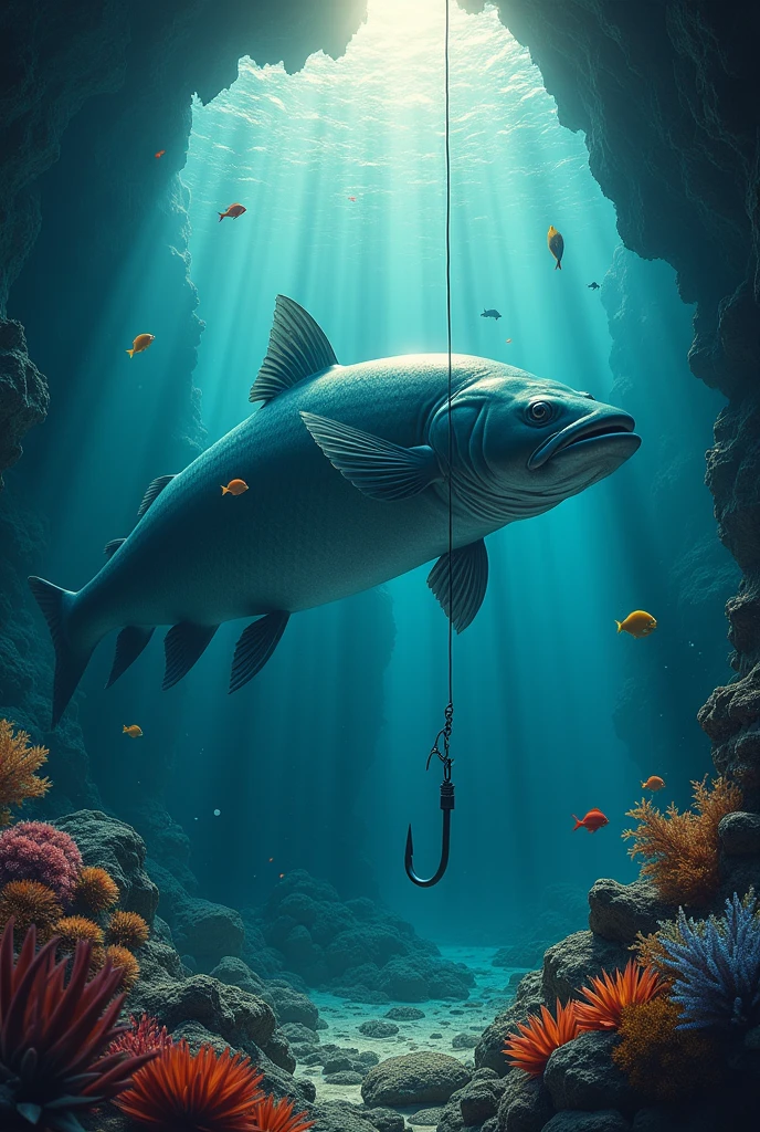 Create a cinematic poster featuring (big fish underwater),(best quality,ultra-detailed,realistic),the fish is looking at fishing hook:1.5 ,At the bottom of the poster, place the text "It's obvious" in large bold distressed letters, underwater photography,clear blue water,lush underwater plants,colorful coral reefs,tropical fish swimming gracefully,big zander fish lurking in the shadows,sparkling sunlight piercing through the water surface,scattered bubbles adding a sense of movement,dimly lit underwater cave in the background,vibrant colors illuminating the scene,faint rays of light enhancing the mystery and beauty of the underwater world, 