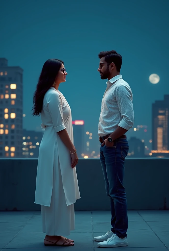 A woman and a men are talking on the rooftop at night, the women is wearing a white Indian traditional suit and glasses, the men is wearing a white printed shirt, jeans and white shoes. And smart watch.