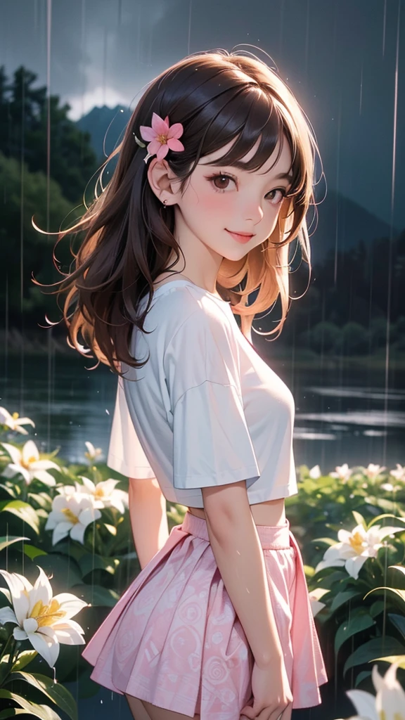 One woman(High resolution, masterpiece, accurate, Anatomically correct), ((Slightly red cheeks、Mouth slightly open、smile、Landscape、Twisting her waist and looking at the camera、Beautiful breasts、Beautiful ass))(((Standing posture))),(Light Hair、Brown eyes、Straight bangs、Flower Hair Ornaments)、((A small, form-fitting white T-shirt、patterned t-shirt、Pink mini skirt))、((Rainy night view)),Highest quality, Ultra high definition, High-resolution model、From the knee up、Close-up of face、Top view