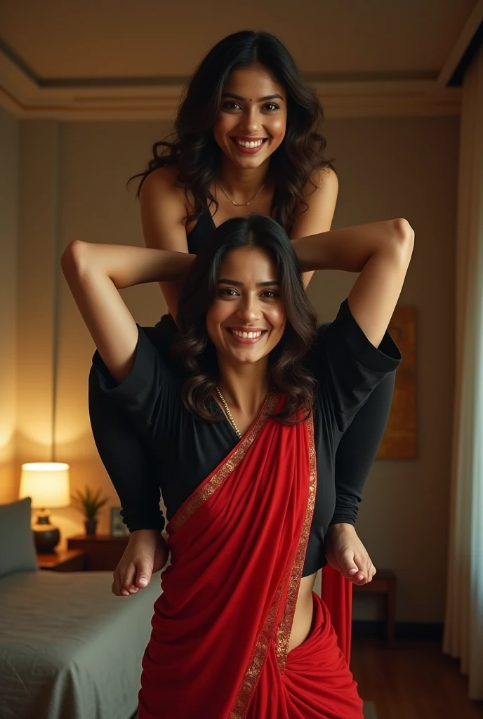 Beautiful and Slim Indian woman Aishwarya Rai in black blouse red saree , lifting a large chubby man above her shoulders, man is sitting on woman's shoulders, natural smile, in a bedroom with high ceiling at night