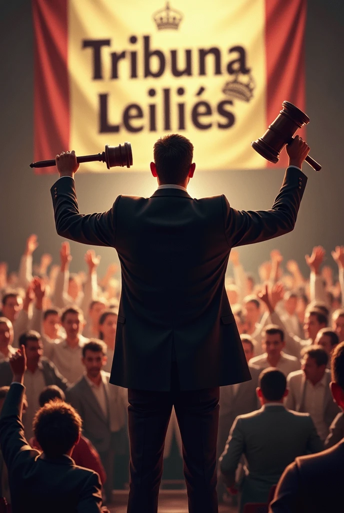 An auctioneer in a suit and tie, standing backwards, with a judge&#39;s gavel held high, with a crowd with their hands raised, and a banner in Portuguese written Tribuna Leiloes