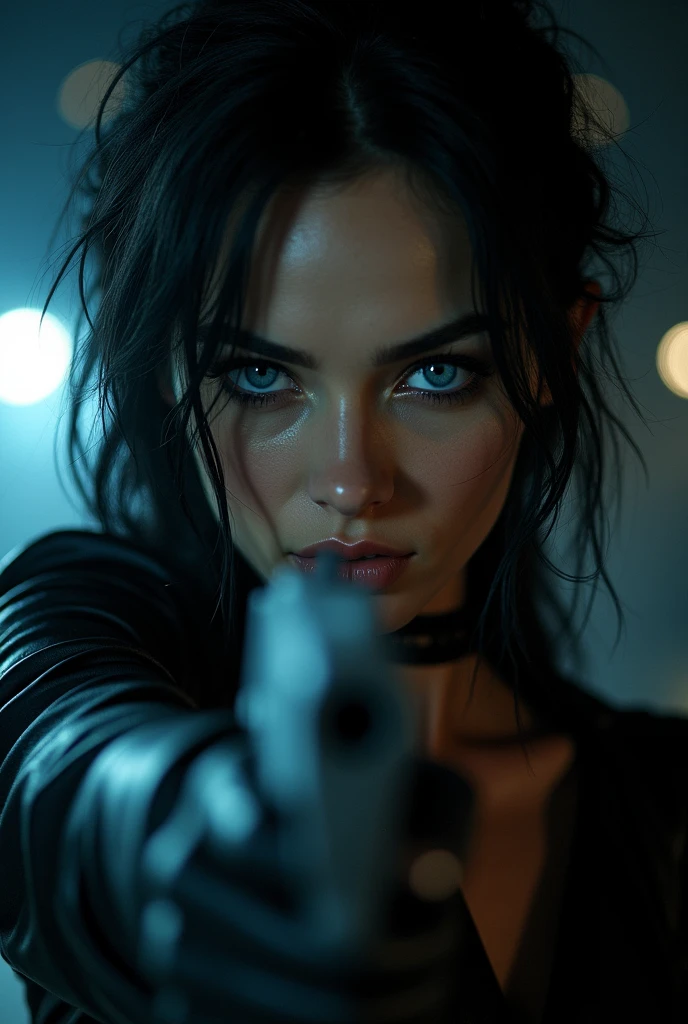 A close-up of a woman's very blue eyes, angry look, linda, black hair, black leather clothing, and a gun in his hand, night background, glowing home light, brillitos