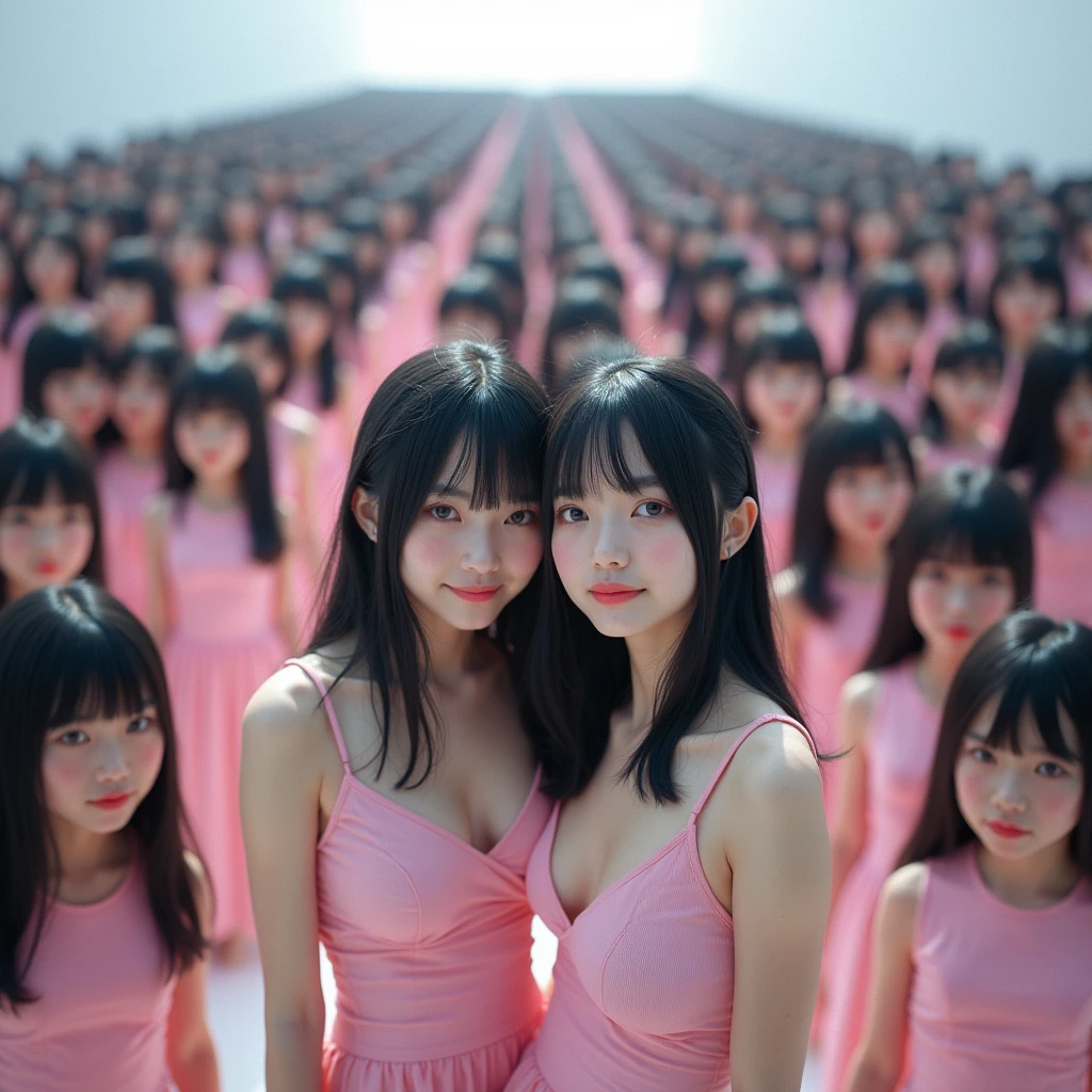 (((((Japanese Clone girls=Myself)))))), (((Best Super High quality Myself Clone girls Raw Photography Art))), (16K, Highest quality, Ultra-high resolution, RAW Photos), (((It's so unrealistic., With unparalleled depiction, With an unfathomable sight, An unprecedented and shocking worldview, Clone girls in a world of mass reproduction, Ultra-realistic))), (((Japanese, woman, 20yo, Saito-Asuka))), (Small face, ((Thick black hair, Semi-long hair))), ((V-neck short-sleeve dress)), (((((Very detailed美しい女体, Accurate body structure, Very detailed完璧な, Super busty body with very large breasts, Clearly emphasizes cleavage))))), (((Dark Eyes, Mature face, Cute Smile, A gentle gaze))), (((Her happy and smiling expression is so cute))), ((((((((Very detailed分身増殖描写, ((1girl→Myself cloning→1,000,000,000,000,000,000,000,000,000,000,000,000,000,000,000,000,000,000,000,000Myself Clone girls)))))))))), ((((((((Very detailed, The precise depiction of the proliferation of Myself Clone girls, ((With the perfectly identical bodies of Myself clone girls, With the exact same face as the Myself clone girls, With the exact same hairstyle as the Myself clone girls, In the exact same clothes as the girls who are my clones, Perfectly the same height as the Myself clone girls, Super big breasts, just like the Myself clone girls)))))))))), (((Myself clone girls only))), (((Multiple pairs, Very detailed depiction, (Myself clone girls hug each other, Myself clone girls assemble, Fun conversations with fellow Myself clone girls, A fun conversation between Myself clone girls, Myself clone girls holding hands, Walking with lots of Myself clone girls, Turn around)))), (((Everyone looks at the camera))), (((Unbelievably crowded, Transcendent Myself clone girls intimately, Countless Myself clone girls surround you in 360 degrees))), (Bright, soft sunlight), (((Very wide field of view, Very detailed, Detailed ultra-perspective depiction with clear depth, super wide view))), (((((Junction with a curved slope))))), (((Very photographic and detailed depiction, Myself clone girls will multiply infinitely and fill the surroundings from one side to the horizon with their bodies tightly packed together without any gaps., A scene of endless Myself clone girls and a fun atmosphere))), (Focus on the average value of the image)