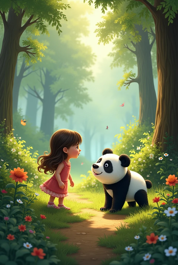 Sarah is very impressed with the forest environment. She sees the trees, smells the flowers, and hears the birds chirping. Suddenly, he catches sight of Poopoo Panda.