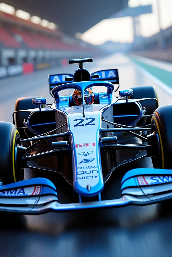 Detailed Background, masterpiece, Highest quality, 8k,uhd,F1 Cars,Blue and white two-tone color,(VCARB 01),Visa Cash App RB,(Car number is 22),run through,Yuki Tsunoda,