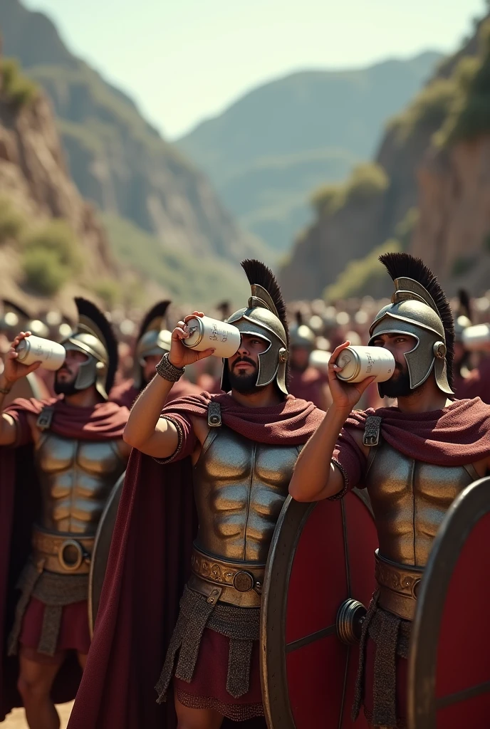 (photorealism:1.2), Spartan soldiers drinking beer from a can on the battlefield, Beer cans are white, The cans have no labels, The soldiers are celebrating, Beer cans are standard size, the background is in thermopylae