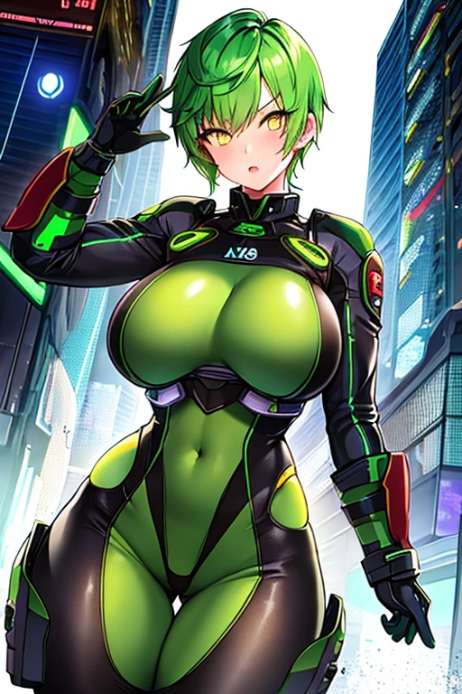 1girl, green hair, very short hair, pixie cut, yellow eyes, serious, glowing eyes, large breasts, breasts, thick thighs, toned, toned female, bodysuit, pilot suit, futurustic, science-fiction, neon, neon trim, neon light, black bodysuit, space, 