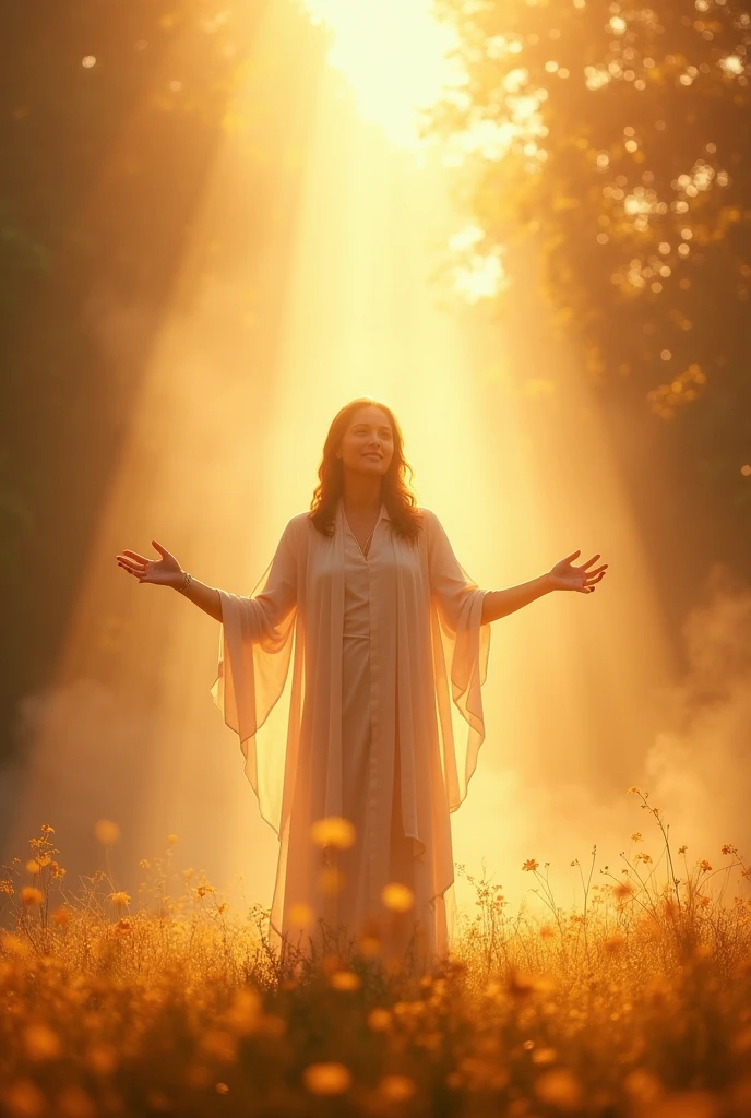 "Create an inspiring image of a person radiating light while sharing the word of God. Depict the individual standing or speaking with a serene and passionate expression, as if delivering a powerful message or sermon. The person should be surrounded by a soft, divine light that illuminates them and casts a warm glow on their surroundings, symbolizing spiritual enlightenment and the presence of God. Include elements like an open Bible or scripture verses in the background to emphasize the focus on spreading God's message. The setting can be a tranquil outdoor scene, such as a sunlit field or a peaceful gathering space, to enhance the spiritual and uplifting atmosphere. Use gentle, warm colors and light effects to convey the transformative and radiant impact of sharing faith."