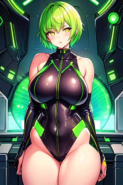 1girl, green hair, very short hair, pixie cut, yellow eyes, serious, glowing eyes, large breasts, breasts, thick thighs, toned, toned female, bodysuit, pilot suit, futurustic, science-fiction, neon, neon trim, neon light, black bodysuit, space, 