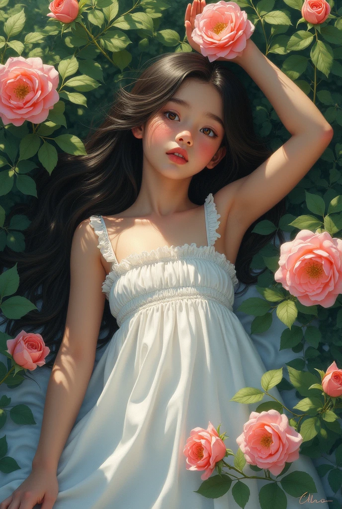 Create a highly detailed and realistic digital painting of a young girl lying down amidst lush green rose bushes in full bloom. The girl, around , wears a flowing white dress with ruffled layers. Her long, dark hair cascades down her back, blending with the leaves. The roses surrounding her are soft pink, adding a touch of warmth to the scene. She holds a rose in one hand, and her other hand is gently reaching up to touch a rose above her head. The background is dark and softly blurred, with a few hints of blue, drawing focus to the girl and the roses. The overall atmosphere is dreamy and ethereal, with soft lighting that highlights the delicate features of the girl and the roses.