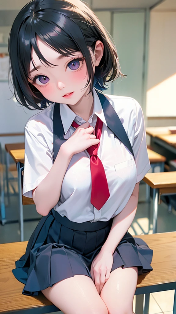 (Tabletop, Highest quality:1.2), 8k,LD, 85mm, Official Art, RAW Photos, Absurd, White dress shirt, Cute Face, close, Shooting from knee to overhead, Viola Lace, Gardenia, beautiful girl, , (Navy Pleated Skirt:1.1), Squeeze the waist, Thighs, Short sleeve, classroom,Black Hair, short hair、Sit on a desk,Gaze at the photographer, No makeup, (smile:0.4), Film Grain, chromatic aberration, Sharp focus, Face Light, Bright lighting, Teen, Detailed face, Background Blur, (Dark red tie:1.1)、日本の学校のclassroom、classroom,
