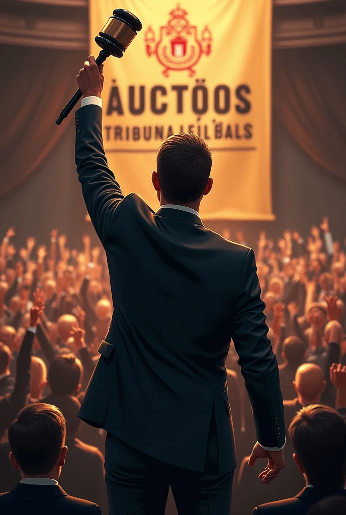An auctioneer in a suit and tie, standing backwards, with a judge's gavel held high, with a crowd with their hands raised, and a banner in Portuguese written Tribuna Leiloes