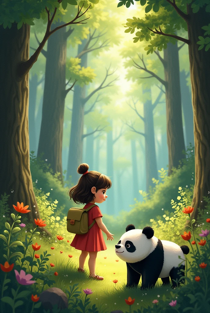 Sarah is very impressed with the forest environment. She sees the trees, smells the flowers, and hears the birds chirping. Suddenly, he catches sight of Poopoo Panda.