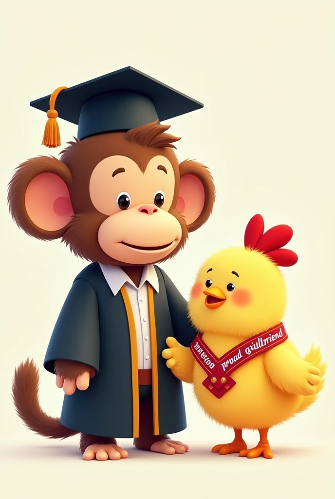 graduated monkey next to a little chicken with a band in the body that says proud girlfriend of a graduated