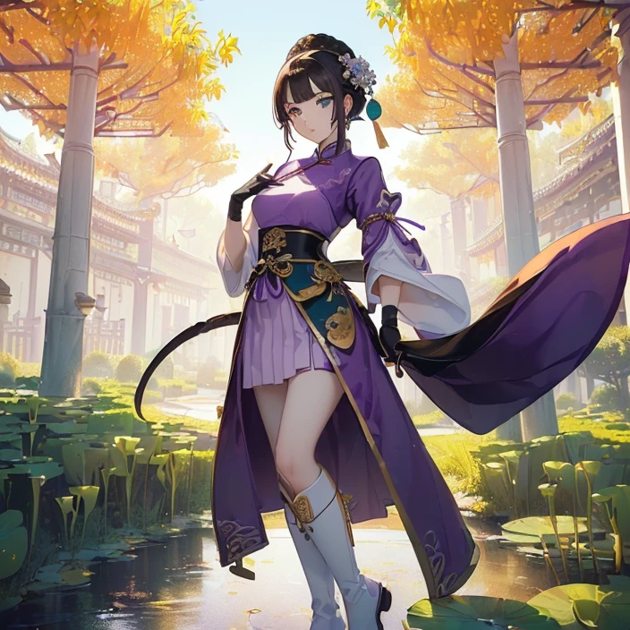 (masterpiece), (best high quality image), (very good detailed image), (very good detailed character), (simple background), (very detailed textures), (carefully detailed and textures, character alone), (full body)
{{((40 years old chinese princess:((chinese shape eyes), (green eyes with black pupils), (brown short long Hair tied on a tail), (2 white lotuses at the left and right of head), (pale-yellow skin), (closed mouth), (calm expression)),((chinese royal clothing), (purple chinese dress), (purple gloves), (white sleeves), (purple skirt), (purple long boots)),((long chinese sword), (black blade)),((elegant combat pose)),((simple chinese garden yard), (blue sky), (two orange trees)))}}