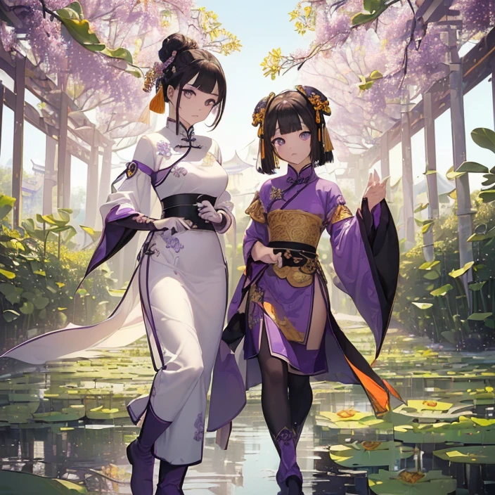 (masterpiece), (best high quality image), (very good detailed image), (very good detailed character), (simple background), (very detailed textures), (carefully detailed and textures, character alone), (full body)
{{((40 years old chinese princess:((chinese shape eyes), (green eyes with black pupils), (brown short long Hair tied on a tail), (2 white lotuses at the left and right of head), (pale-yellow skin), (closed mouth), (calm expression)),((chinese royal clothing), (purple chinese dress), (purple gloves), (white sleeves), (purple skirt), (purple long boots)),((long chinese sword), (black blade)),((elegant combat pose)),((simple chinese garden yard), (blue sky), (two orange trees)))}}