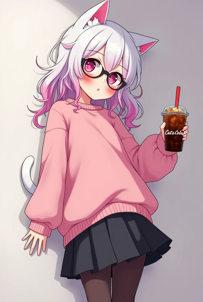 I have white pink hair, cat ears, A good, My face is super flushed, black glasses, pink heart eyes, a big pink sweatshirt, a black skirt, black stockings, White shoes, A cat'cola, A woman. very shy that is stuck to a wall with her butt