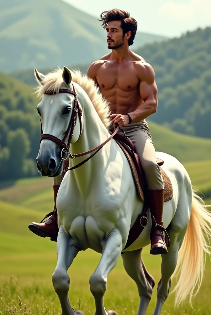 Young man riding a white horse without a shirt