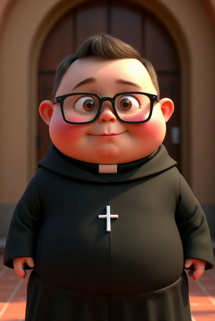 Priest dressed in black cassock, young, fat round face and square glasses Disney Pixar style