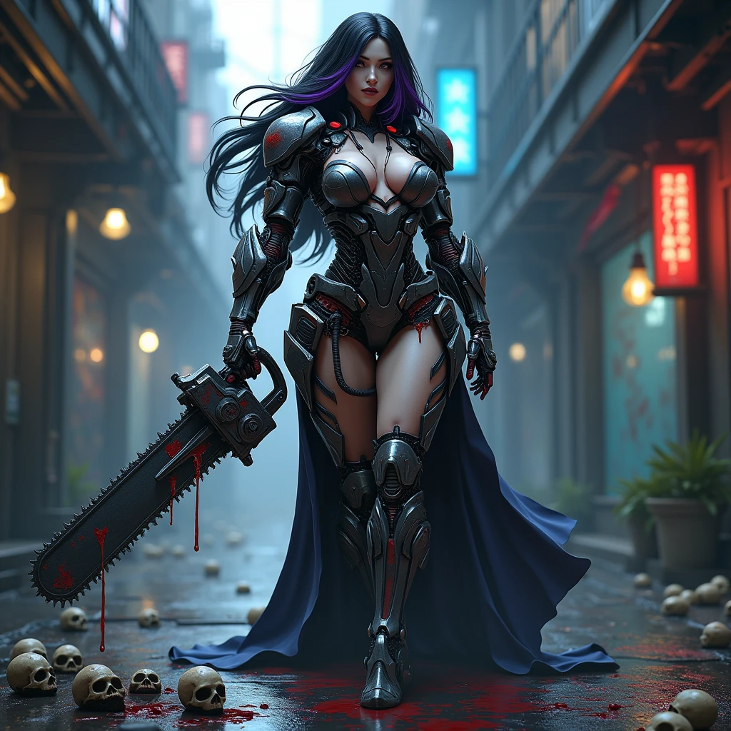 full body pose, wearing a mechanical suit, high heels,Mechanical wonder, Cyberpunk, Cybernetic Guardian, futuristic armor, full body, front pose, symmetry, intricate (steel metal [rust]), joints, warframe style, cyborg, fit muscular female body and armor, large breast, seductive, temptation, eat your soul, cleavage, covered in blood, long flowing black hair with purple highlights, heavy gothic makeup, at night, neon, skulls on the ground, water puddles on the ground, Chainsaw woman 