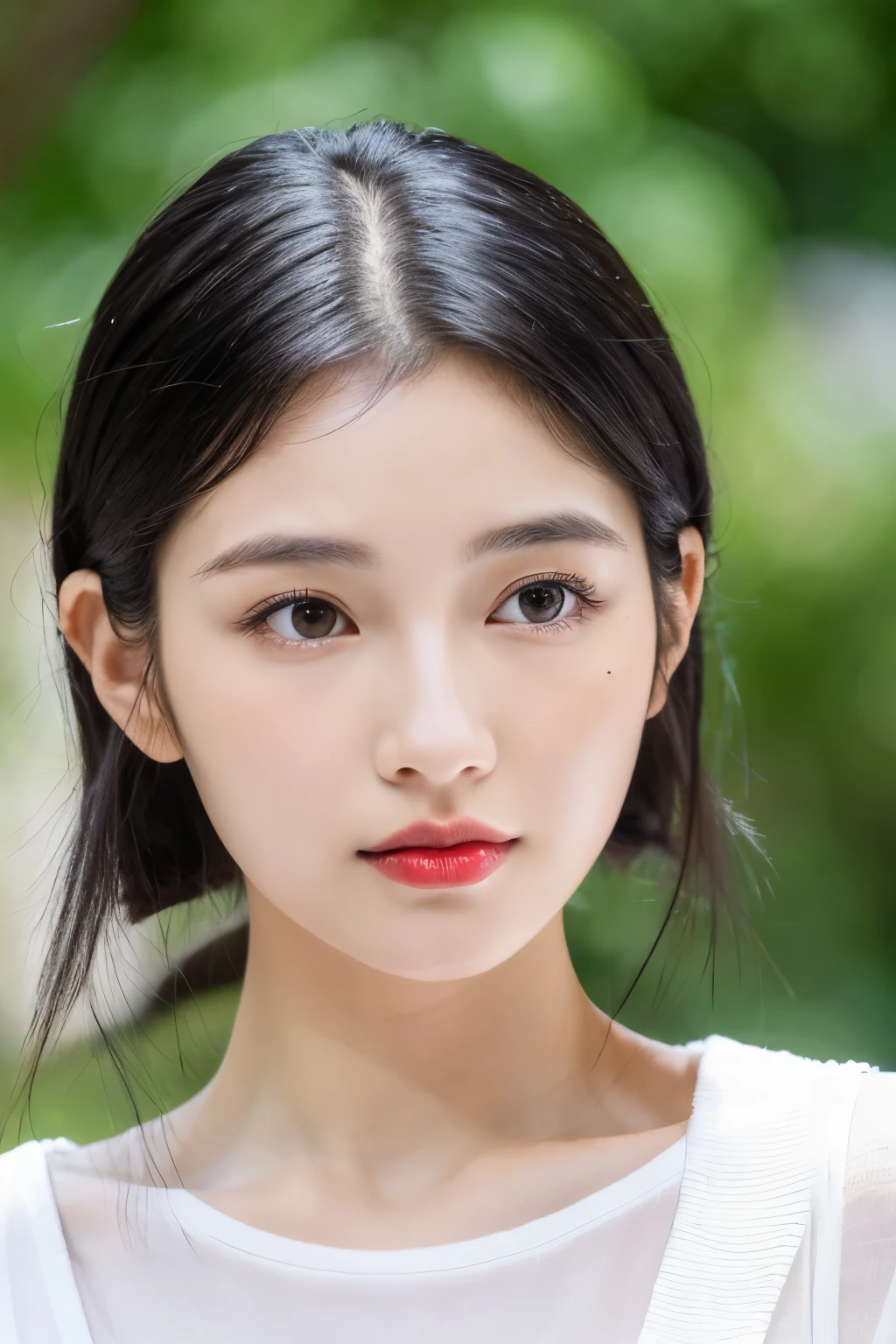 Japanese,beautiful, thin, cute, 20th Generation, beautiful Face,Looks like Twice Sana,Kpop, beautiful Skin, actress, mature, (whole body), Black Hair, thin髪, Live Action,masterpiece, Highest quality, Highly detailed CG Unity 8K wallpaper, Ultra-high resolution, Casual Fashion, Lighting, Summer Fashion, (自然なBlack Hair),Front face, White Background, Delicate skin types, Light curly hair, White T-shirt,Straight ahead,Natural Face,(Natural tear bags),(Red Lip),(Parallel eyebrows),(Almond Eye),(Roman nose)