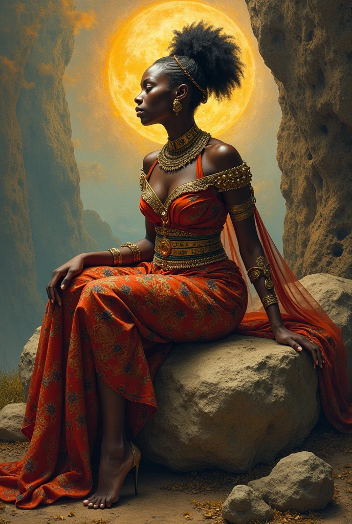 painting of a woman in a costume sitting on a rock, black african princess, african queen, african princess, stunning african princess, dark skin female goddess of love, african woman, african mythology, african arts, afrocentric mysticism, epic 3 d oshun, african, beautiful goddess, black art, gorgeous woman, black woman, african american woman, goddess queen