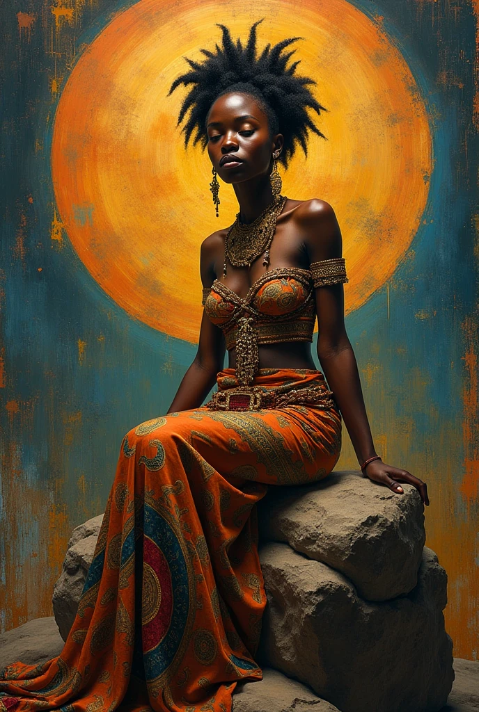  (female African goddess), ((Full body)), ((dynamic pose)), (((short hair or hairless))), stunning face ,Random tribal clothes, (((tribal artifacts))), (((golden tatoo tribal))), Hard storming and wind effects, Paul Klee style, surreal masterpiece, octane rendering, focus, colorful background, detailed, intricate details, rich colors, barefoot, 
