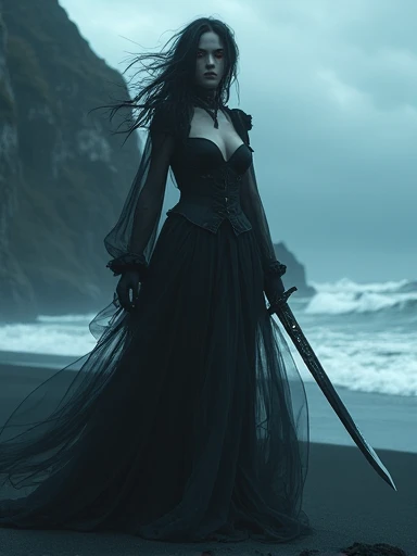 (Masterpiece.UHD.photorealistic..) (full body shot) an ultra hot gorgeous European woman. Age 23. Gorgeous face. Epic cleavage. Huge breast. (100 E size). (Random wavy hair color). She’s a dark horrific (spectral) ghost pirate captain. Evil look. Ethereal face. Burning eyes. Pirate short sword. Intricate details.on a black sand beach. Cliffs on left side of the picture. Stormy weather.lightning. Strong sea. Waves. Dark clouds. low key, dark blurry background