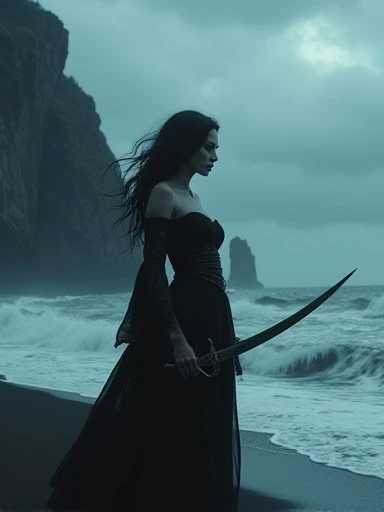 (Masterpiece.UHD.photorealistic..) (full body shot) an ultra hot gorgeous European woman. Age 23. Gorgeous face. Epic cleavage. Huge breast. (100 E size). (Random wavy hair color). She’s a dark horrific (spectral) ghost pirate captain. Evil look. Ethereal face. Burning eyes. Pirate short sword. Intricate details.on a black sand beach. Cliffs on left side of the picture. Stormy weather.lightning. Strong sea. Waves. Dark clouds. low key, dark blurry background