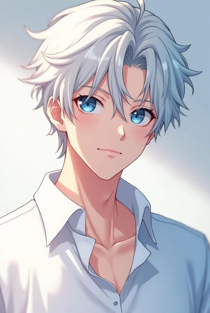 Make a handsome boy with short white hair, with blue eyes , smiling, wearing a white shirt. With anime pictures