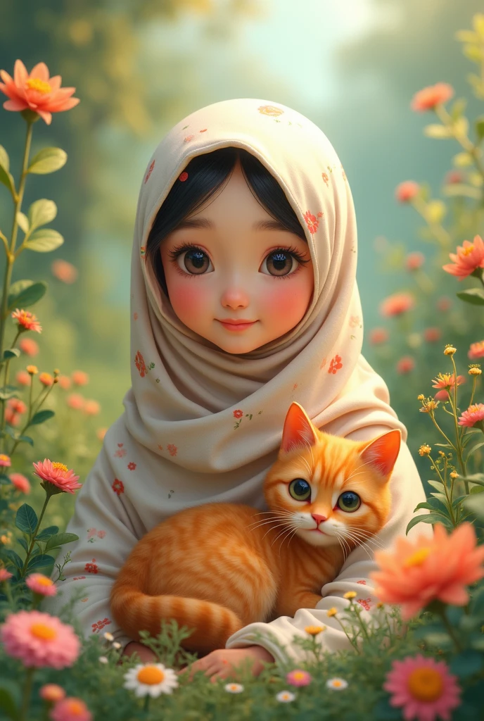 Prompt: An incredibly cute malay hijab little girl carrying a backpack, accompanied by her adorable cat, enjoying a lovely spring outing surrounded by beautiful yellow flowers and natural scenery. The illustration is in high definition at 4k resolution, with highly-detailed facial features and cartoon-style visuals.