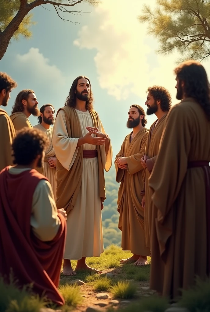 Jesus with his disciples teaching the crowd.