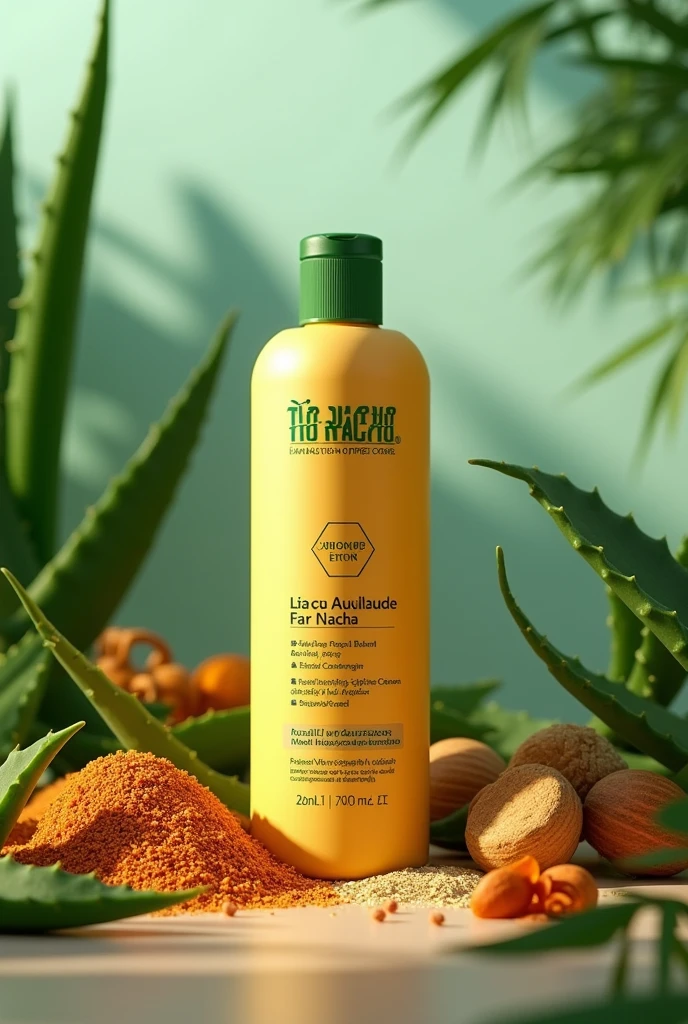 A vibrant and fresh image of the Tío Nacho product, Surrounded by natural ingredients such as aloe vera, Jojoba and other elements that highlight its benefits.