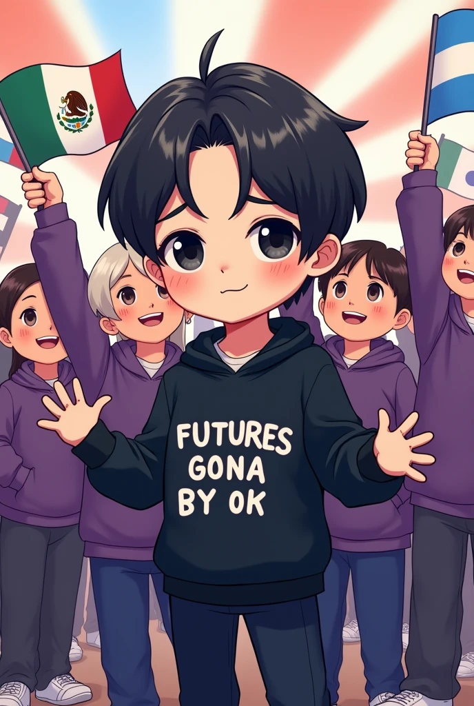 BTS Suga black sweatshirt with letters futures gona by ok and black hair and eyes. protected and supported by his many Latin American fan army with purple sweatshirts and Mexican flags, guatemala, Argentina in hand cute chibi image