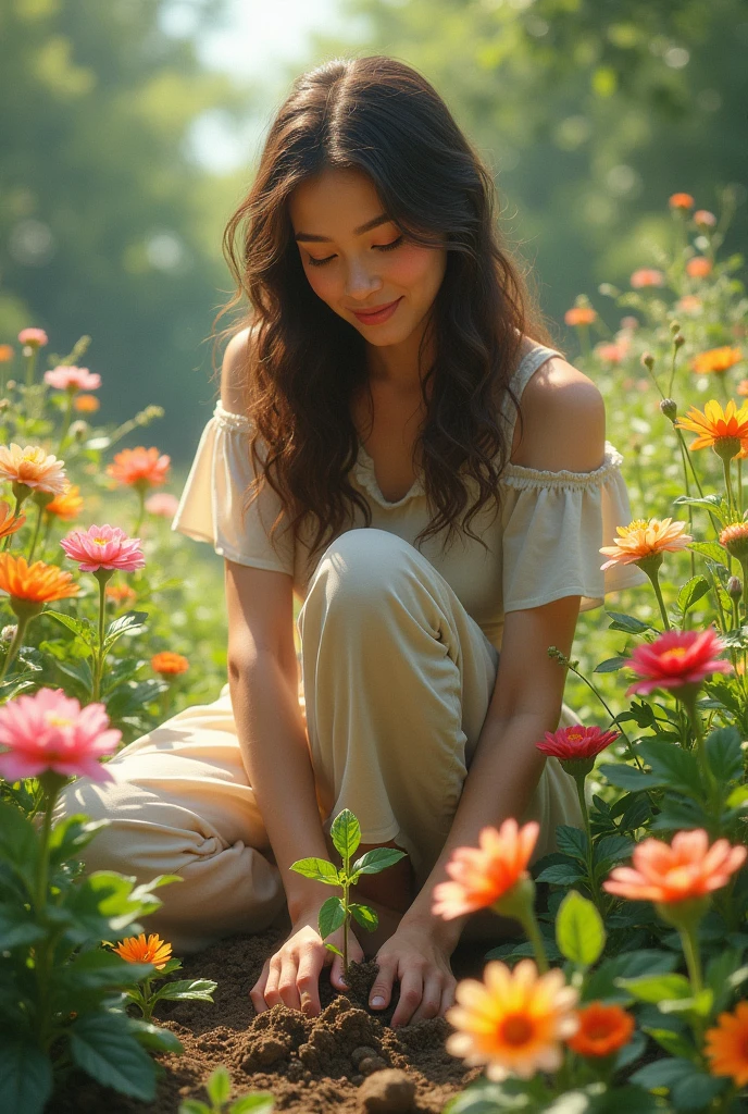 A beautiful girl in the garden planting flowers in the garden