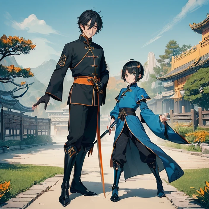 (masterpiece), (best high quality image), (very good detailed image), (very good detailed character), (simple background), (very detailed textures), (carefully detailed and textures, character alone), (full body)
{{((1character:40 years old chinese prince:((chinese shape eyes), (green eyes with black pupils), (black short Emo Hair), (blue lotus at the left of head), (pale-yellow skin), (closed mouth), (calm smile expression)),((chinese royal clothing), (black chinese shirt), (black gloves), (blue sleeves), (blue pants), (black long boots)),((long chinese sword), (golden blade)),((elegant combat pose)),((simple chinese garden yard), (blue sky), (two orange trees)))}}