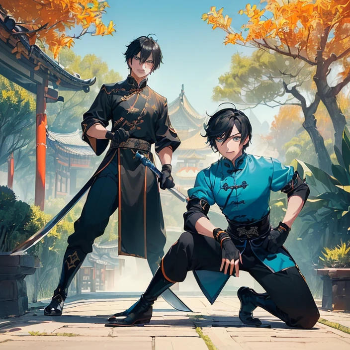 (masterpiece), (best high quality image), (very good detailed image), (very good detailed character), (simple background), (very detailed textures), (carefully detailed and textures, character alone), (full body)
{{((1character:40 years old chinese prince:((chinese shape eyes), (green eyes with black pupils), (black short Emo Hair), (blue lotus at the left of head), (pale-yellow skin), (closed mouth), (calm smile expression)),((chinese royal clothing), (black chinese shirt), (black gloves), (blue sleeves), (blue pants), (black long boots)),((long chinese sword), (golden blade)),((elegant combat pose)),((simple chinese garden yard), (blue sky), (two orange trees)))}}