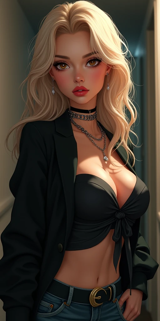 (best quality, ultra-detailed, photorealistic: 1.39), bright and vibrant colors, studio lighting, romantic expression, An effeminate girl, with a delicate and beautiful face. Beautiful and adult woman with her create a female sensual character twilight blonder hair matches the makeup, her brown eyes and mischievous red parted lips, with her large seductive breasts, cleavage, blonder hair, voluminous breasts, voluminous breasts, her brown eyes, seductive round ass, woman with black hair, black jacket, jeans, looking from behind with a serious look, created a seductive woman with large breasts seduces. She have a horny face, like a manwha character, chain details, walking in leaning pose in the hallway of the haunted apartment, seductive cleavage, manga style, anime features manga style, fully body 